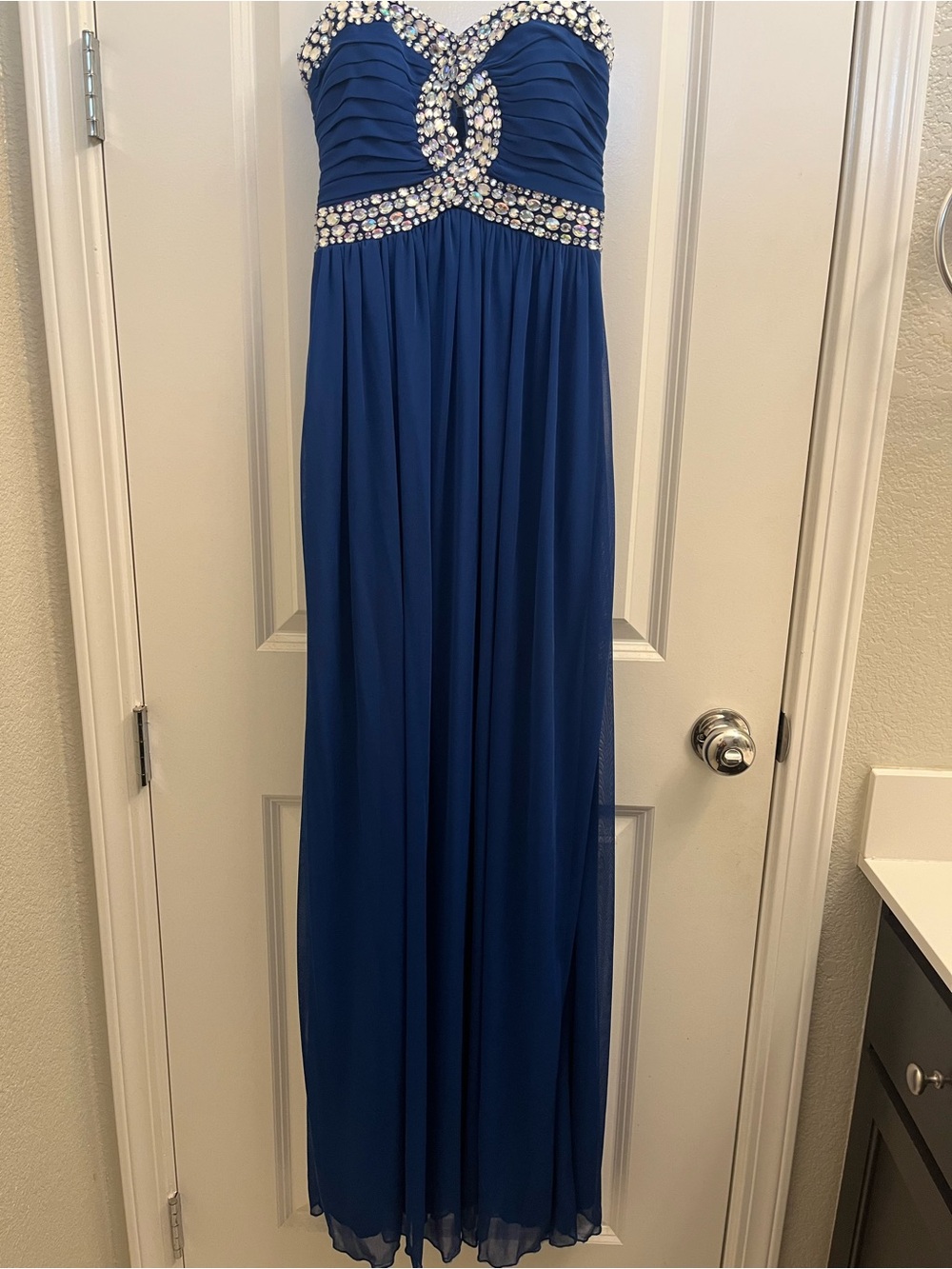 City Triangles Royal Blue Strapless Prom Gown with Crystal Trim & Sheer bottom